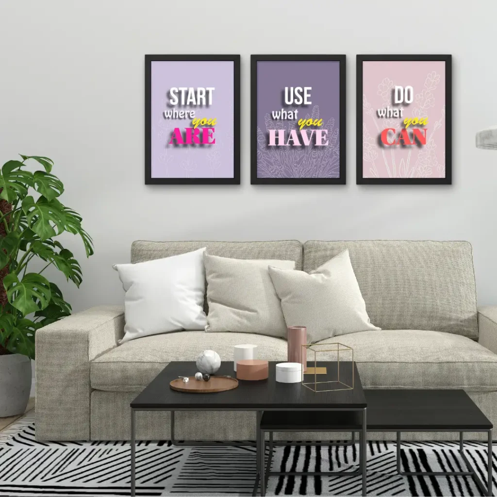 Motivational Quotes Wall Frame Set for Living Room – Set of 3 – Start Where You Are, Use What You Have, Do What You Can – Framed Wall Art for Home Decor